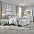 Furniture of America Silvia Glam Solid Wood 5-Piece Bedroom Set with Layered Frame Bed, Faux Crystal Trim LED on Nightstands and Dresser with Mirror, Box Spring Needed for Bedroom, King, Silver