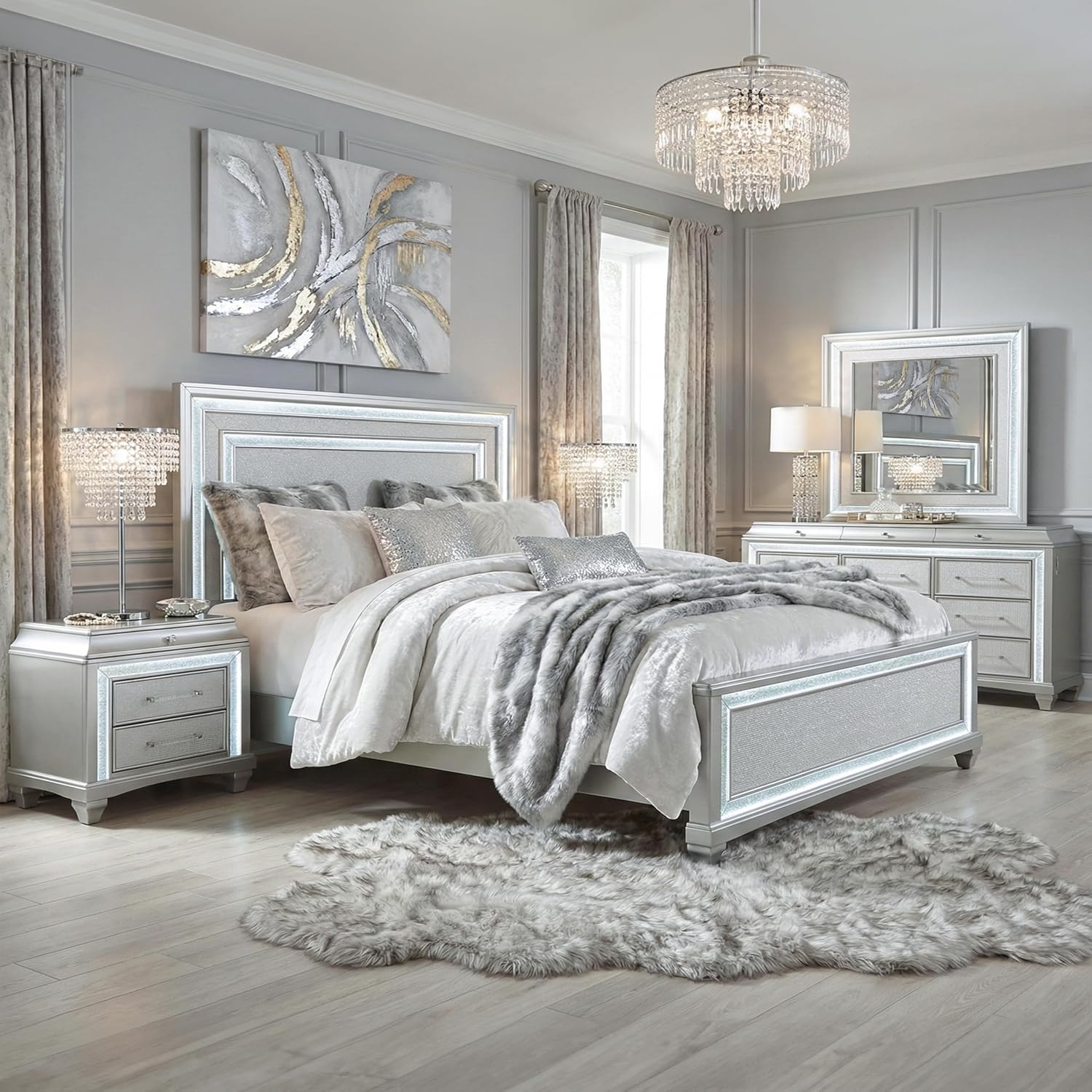 Furniture of America Silvia Glam Solid Wood 5-Piece Bedroom Set with Layered Frame Bed, Faux Crystal Trim LED on Nightstands and Dresser with Mirror, Box Spring Needed for Bedroom, King, Silver