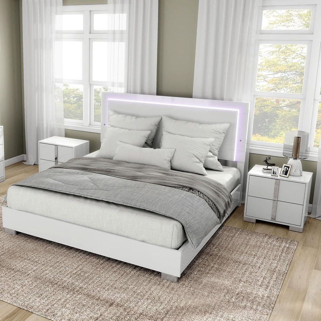 Furniture of America Alistair Modern Wood 3-Piece Bedroom Collection with Bed Frame and 2-Drawer Nightstands Set of 2, Box Spring Required, White, Queen