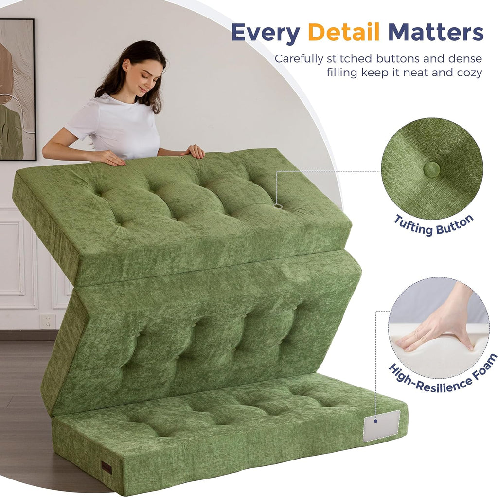 MAXYOYO 6' Folding Sofa Bed for Floor, Tufted Tri-Fold Floor Mattress with Chenille Fabric, Queen Size Portable Sofa Couch Guest Mat for Adults, Foldable Topper for Camping, Green, 59'x78.7'