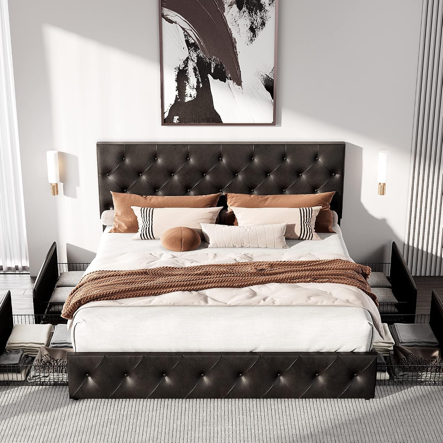HOOMIC King Platform Storage Bed Frame with 4 Drawers & Adjustable Headboard, Wooden Slats, No Box Spring Needed,Diamond Stitched Button Tufted Design, Noise Free, Black Brown