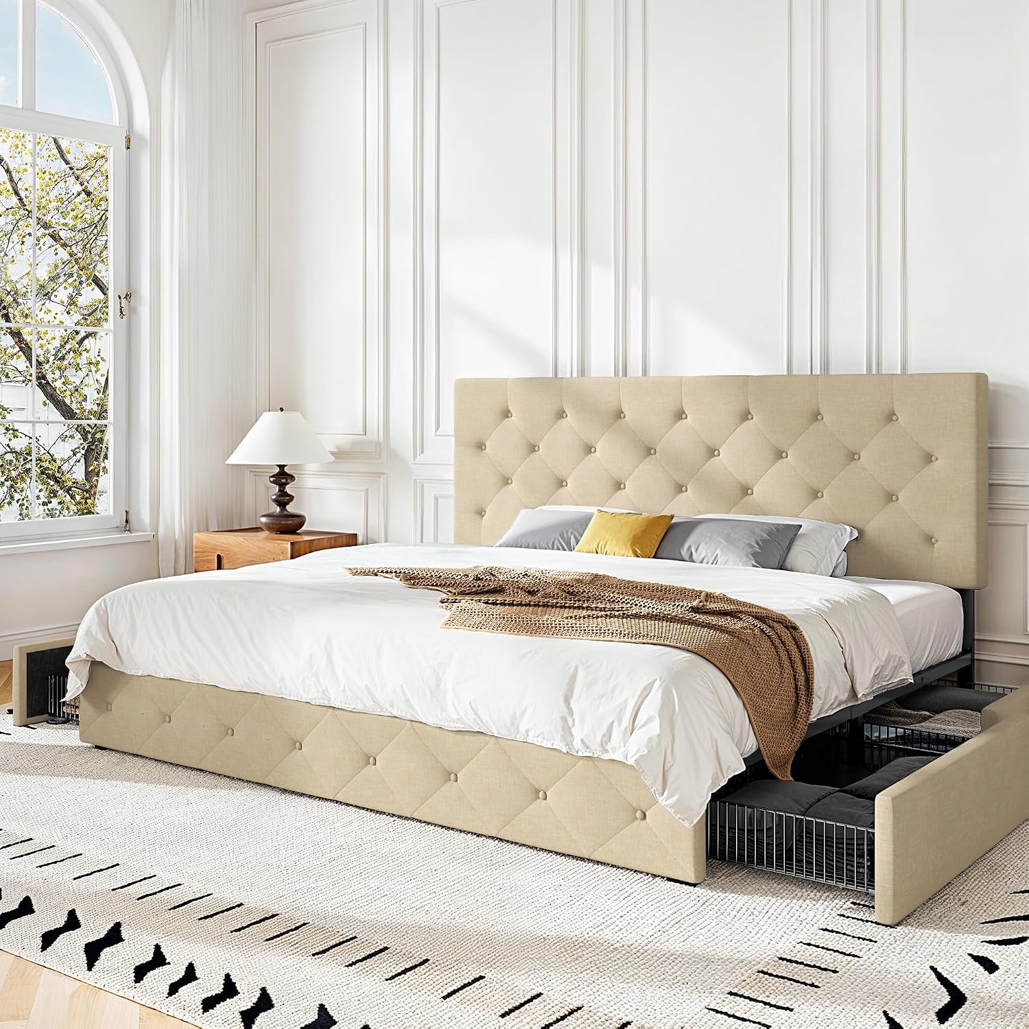 HOOMIC King Platform Storage Bed Frame with 4 Drawers & Adjustable Headboard, Wooden Slats, No Box Spring Needed,Diamond Stitched Button Tufted Design,Beige