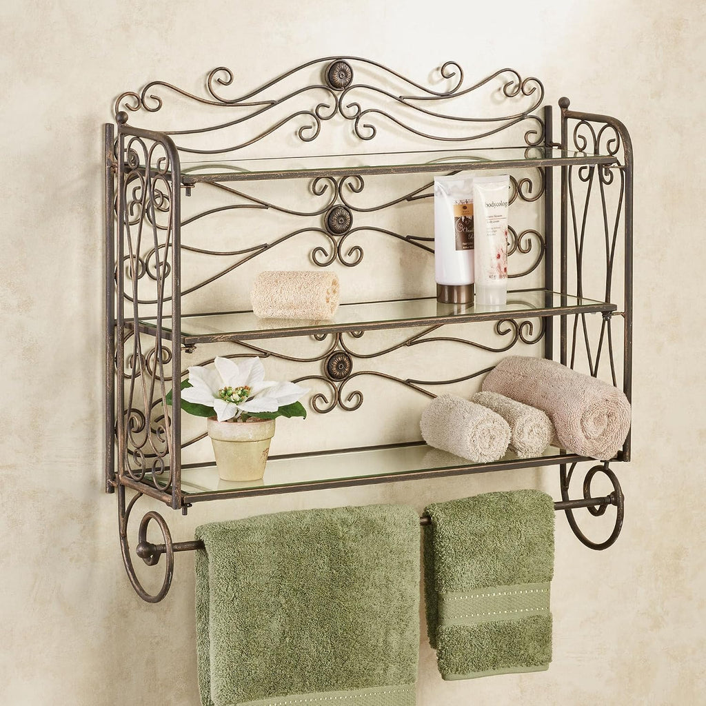 Touch of Class Kadalynn Wall Bathroom Shelf with Towel Bar - Antique Bronze - Handcrafted Metal - Decorative Storage - Mounted Rack Organizer - 3 Shelves - 24 Inches High