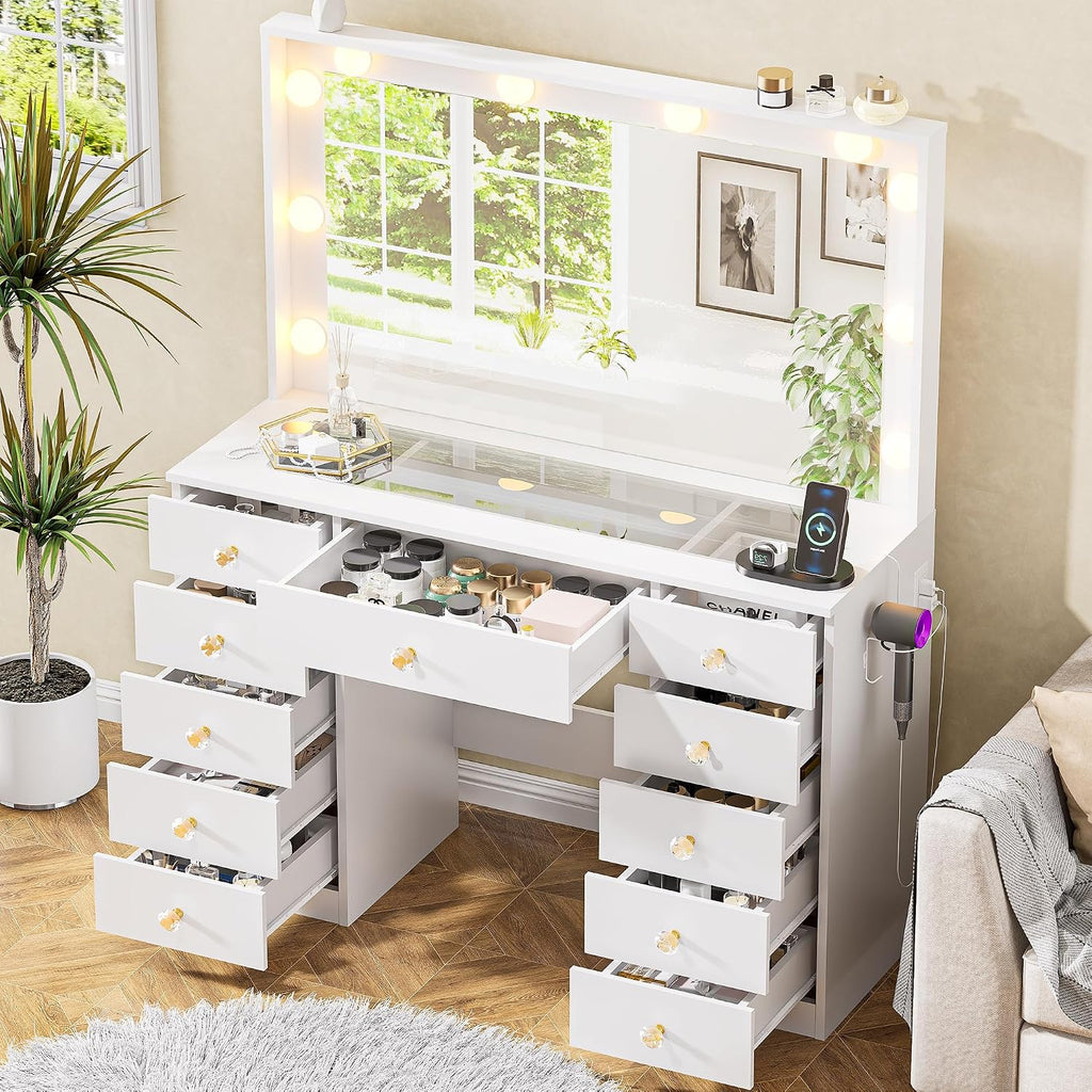 DINGIPP Vanity with Large Mirror and 10 LED Lights, Vanity Desk with Glasstop, 11 Drawers with Crystal Handles, Dressing Table with Power Outlet as Gift for Women, Girls (White)