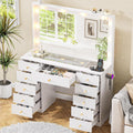 DINGIPP Vanity with Large Mirror and 10 LED Lights, Vanity Desk with Glasstop, 11 Drawers with Crystal Handles, Dressing Table with Power Outlet as Gift for Women, Girls (White)