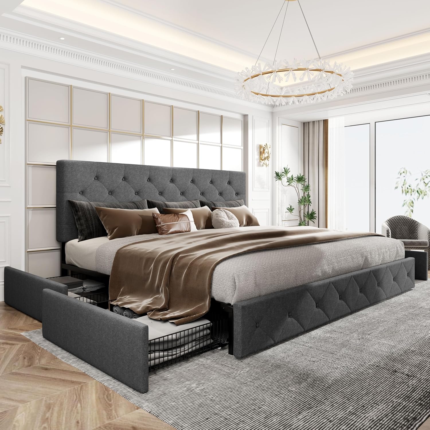 HOOMIC King Size Platform Storage Bed Frame with 4 Drawers & Adjustable Headboard, Wooden Slats, No Box Spring Needed,Diamond Stitched Button Tufted Design, Noise Free, Dark Grey
