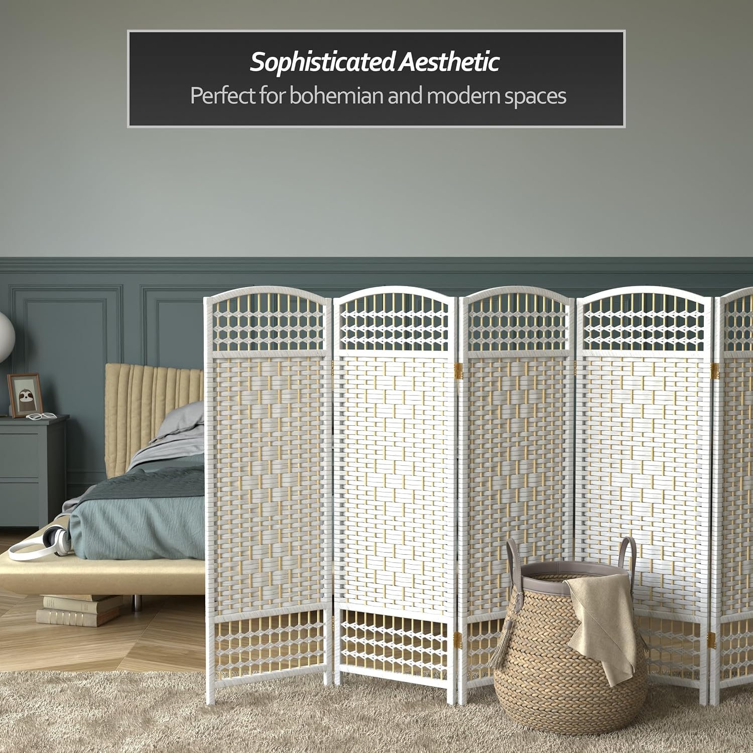 4 ft. Short Fiber Weave Folding Screen - White - 6 Panels