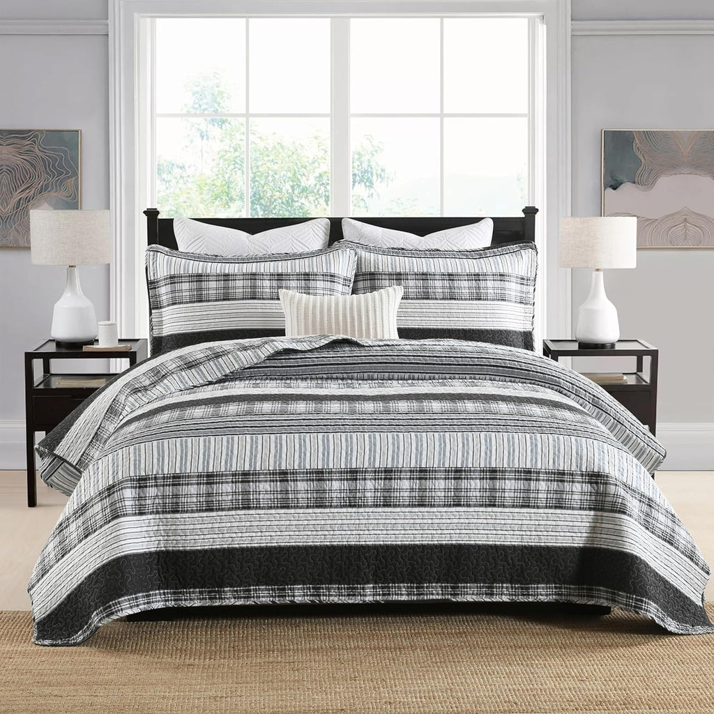Homzard 100% Cotton Quilt Set,California King 118'' x 106'' Oversized Bedspread Set with 2 Pillow Shams, Black Plaid Striped Oversized Comforter Set, 3 Pieces Farmhouse Coverlet | Breathable