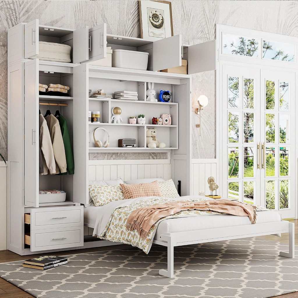 Merax Queen Size Murphy Bed with Shelves, Top Cabinet and Wardrobe, Fold into The Wall, Space-Saving Design Foldable Platform Bed Frame for Bedroom, Guest Room, Home Office, White