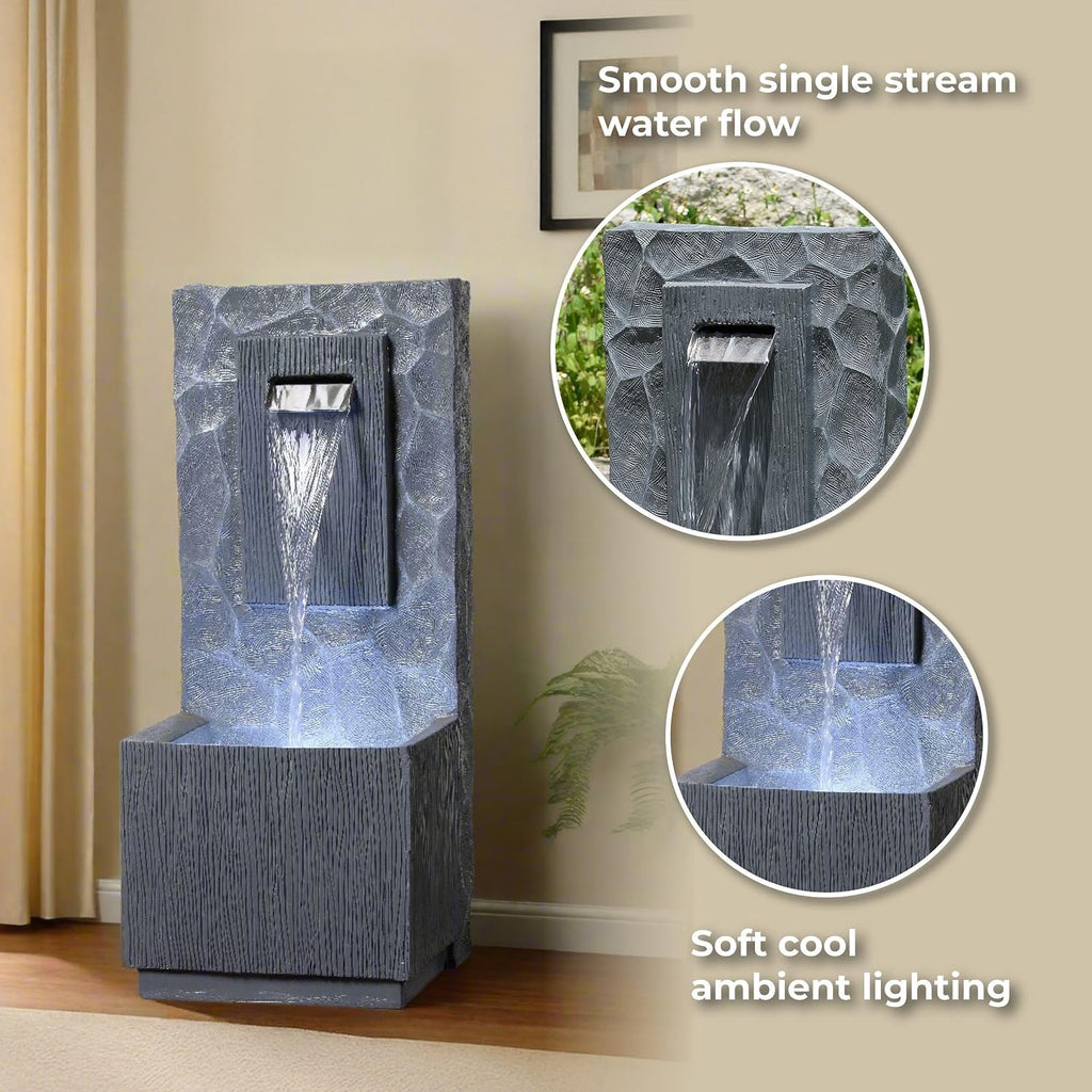 Teamson Home Spa Waterfall Outdoor Water Fountain–Cool Glow Lighting with Adjustable Flow & Electric Pump, Gray