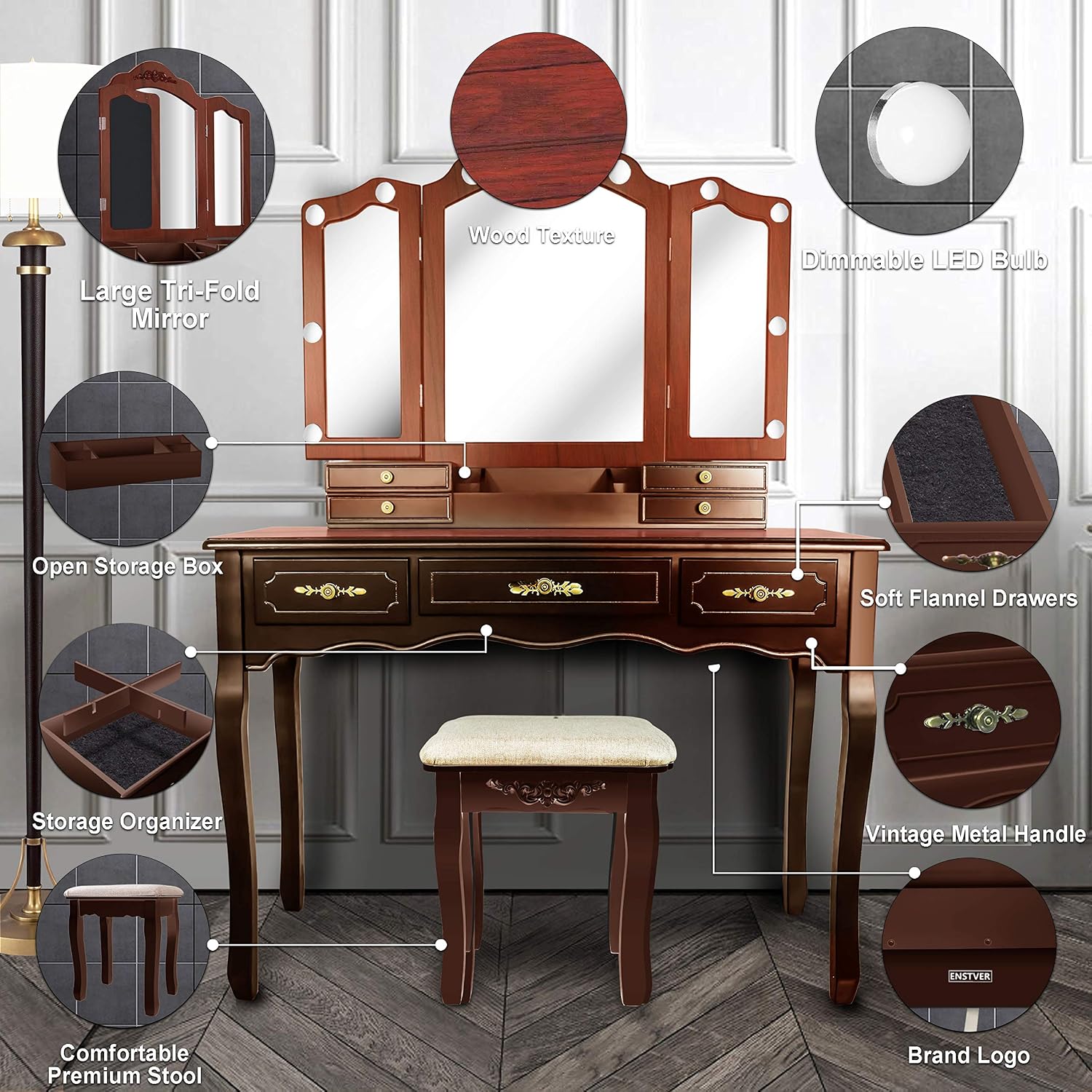ENSTVER Vintage Vanity Desk with Mirror and Lights, Tri-Folding Mirrors, 6 Organization 7 Drawers Makeup Dress Vanity Table with Cushioned Stool-Espresso