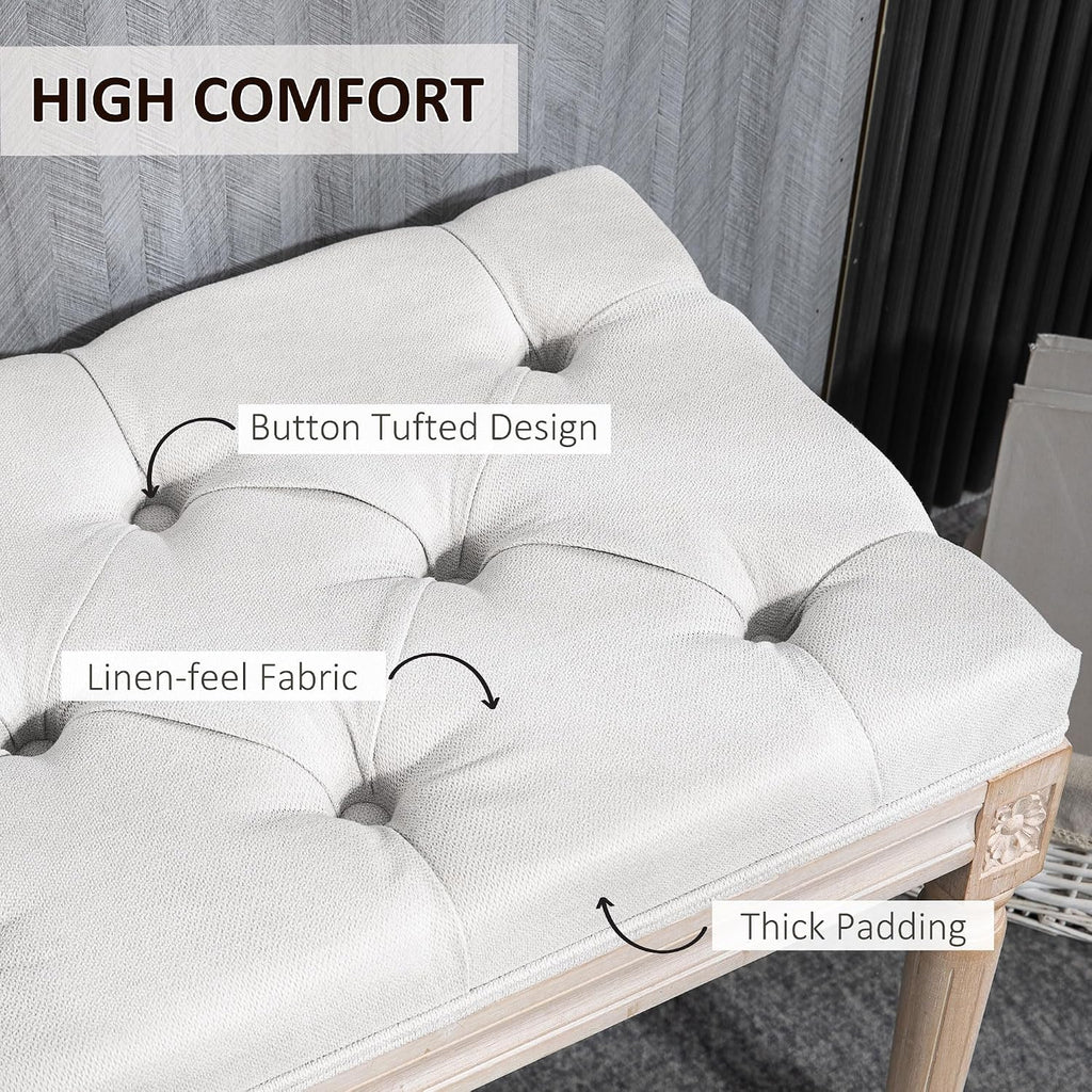 HOMCOM Bedroom End of Bed Bench, 46' Upholstered Entryway Bench with Button Tufted, Thick Padding and Wood Legs, French Vintage Style Linen-Feel Ottoman Bench for Hallway, Living Room, Cream White