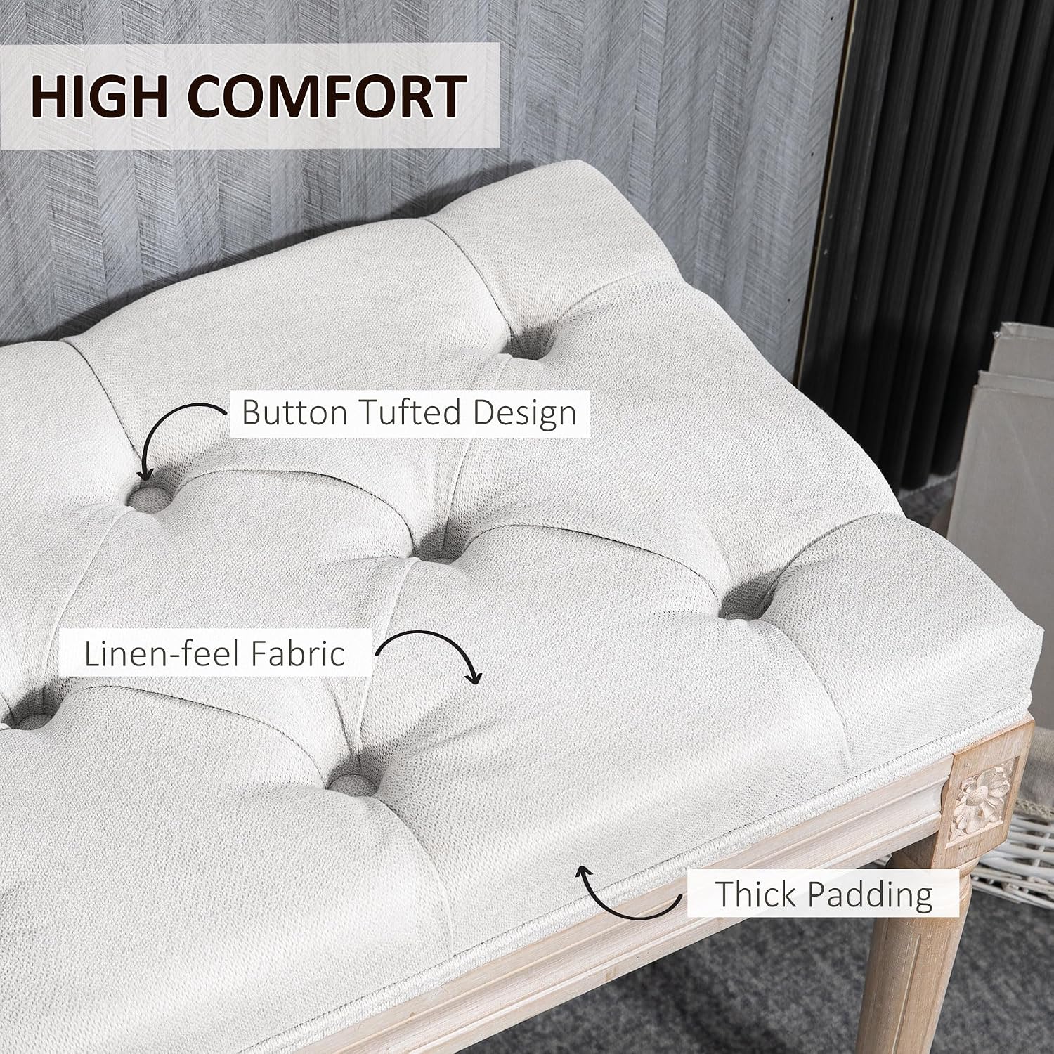 HOMCOM Bedroom End of Bed Bench, 46' Upholstered Entryway Bench with Button Tufted, Thick Padding and Wood Legs, French Vintage Style Linen-Feel Ottoman Bench for Hallway, Living Room, Cream White