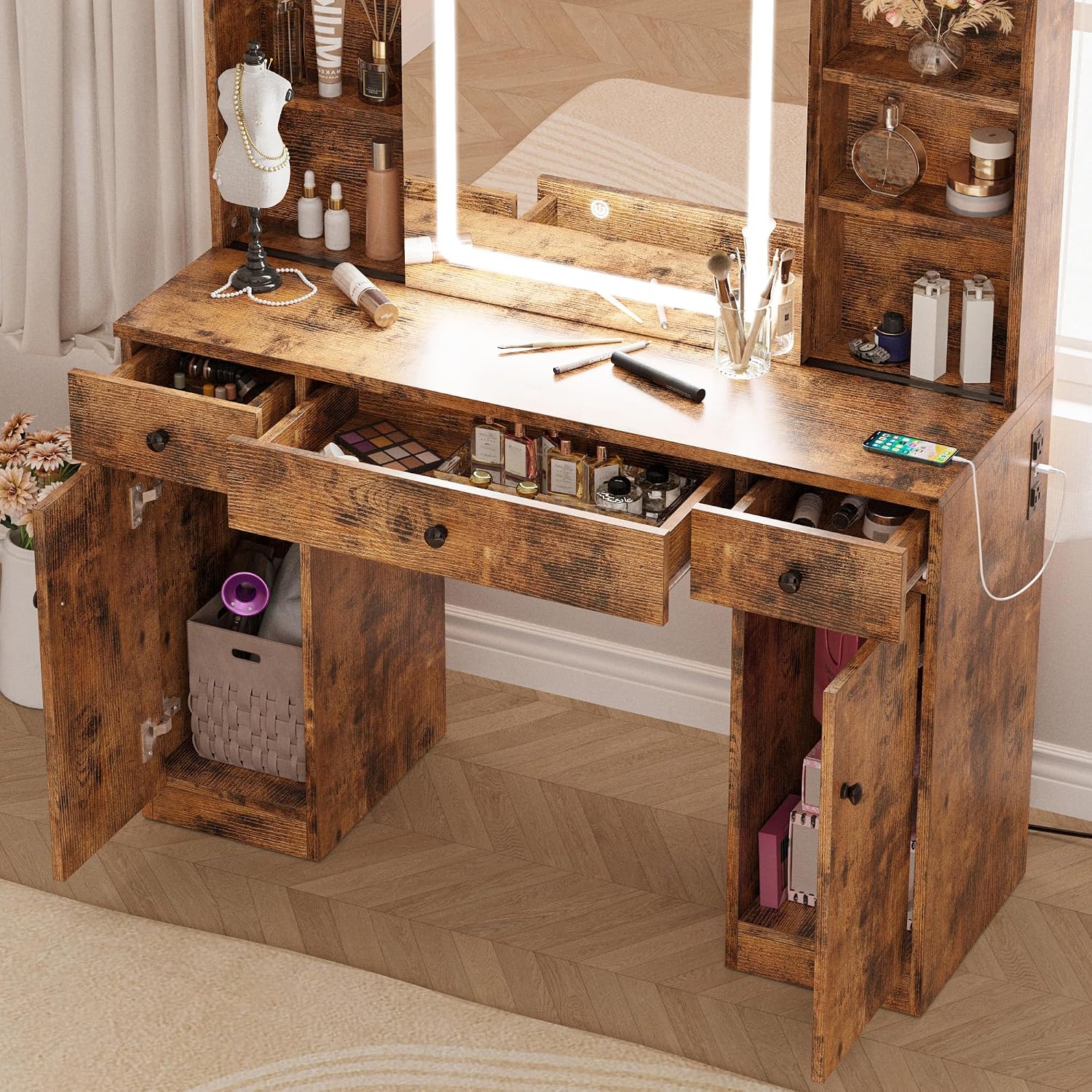 IRONCK Vanity Desk Set with Large LED Lighted Mirror & Power Outlet, 7 Drawers Vanities Dressing Makeup Table with Storage Bench, for Bedroom, Industrial Style Vintage Brown