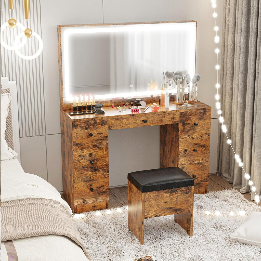 IRONCK Vanity Desk Set with Large LED Lighted Mirror & Power Outlet, 7 Drawers Vanities Dressing Makeup Table with Storage Bench, for Bedroom, Industrial Style Vintage Brown