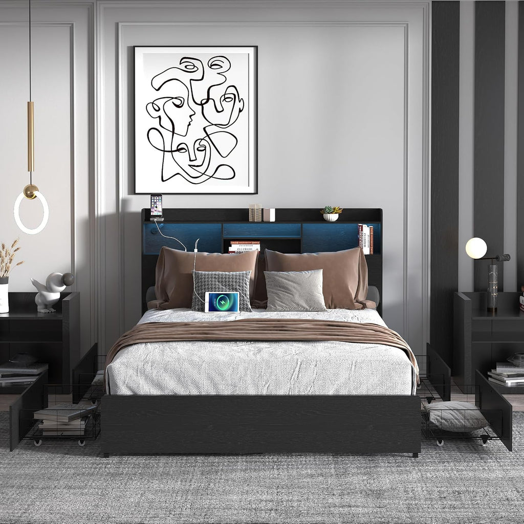 Ball & Cast Full Bed Frame with 4 Storage Drawers,Metal Platform Beds Frame W/Storage Headboard,Led and Charging Station,No Box Spring Needed,Noise-Free,Bedroom Furniture for Apartment,Black