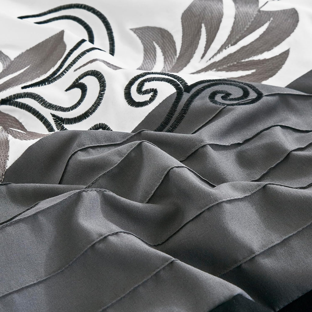Chezmoi Collection Napa 7-Piece Luxury Leaves Scroll Embroidery Bedding Comforter Set (Oversized King, Black/Gray/White)