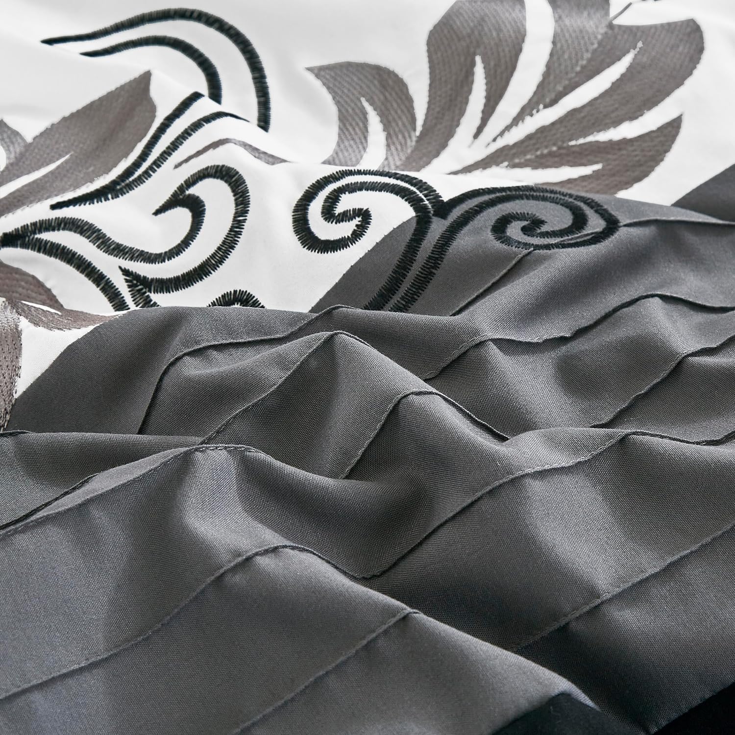Chezmoi Collection Napa 7-Piece Luxury Leaves Scroll Embroidery Bedding Comforter Set (Oversized King, Black/Gray/White)