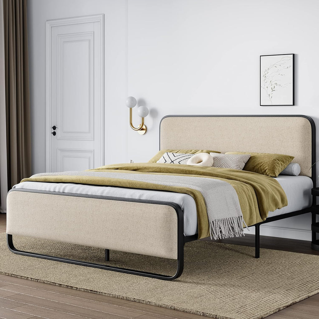 Allewie Queen Size Metal Bed Frame with Curved Upholstered Headboard and Footboard, Platform Bed Frame with 12.4'' Under Bed Storage, No Box Spring Needed, Vintage, Beige