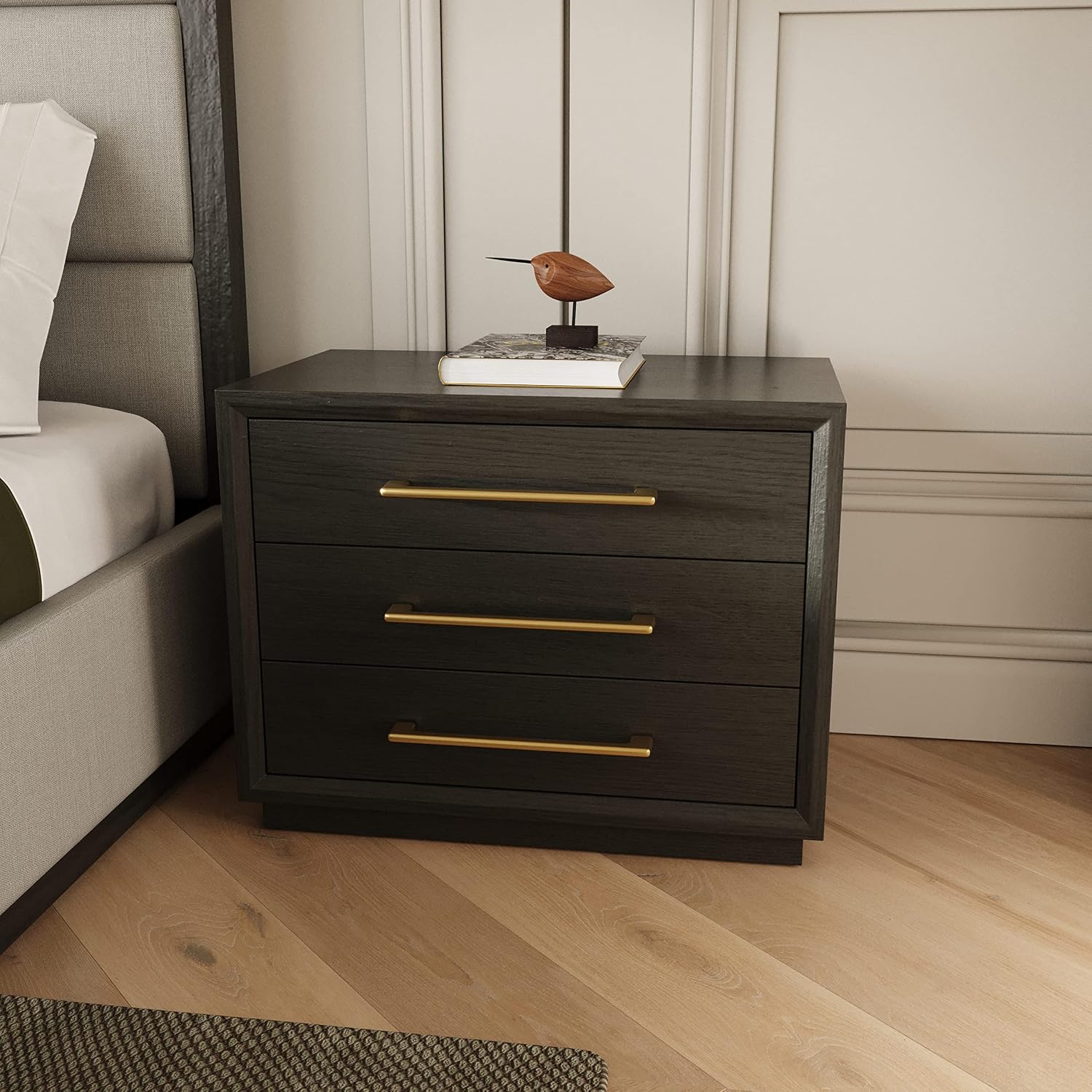 Limari Home Rochester Collection Contemporary Solid Wood and MDF 2 Nighstands, Dresser, Mirror & Polyester Fabric Upholstered Bed 5-Piece Bedroom Set, Eastern King, Grey, Off White, Gold