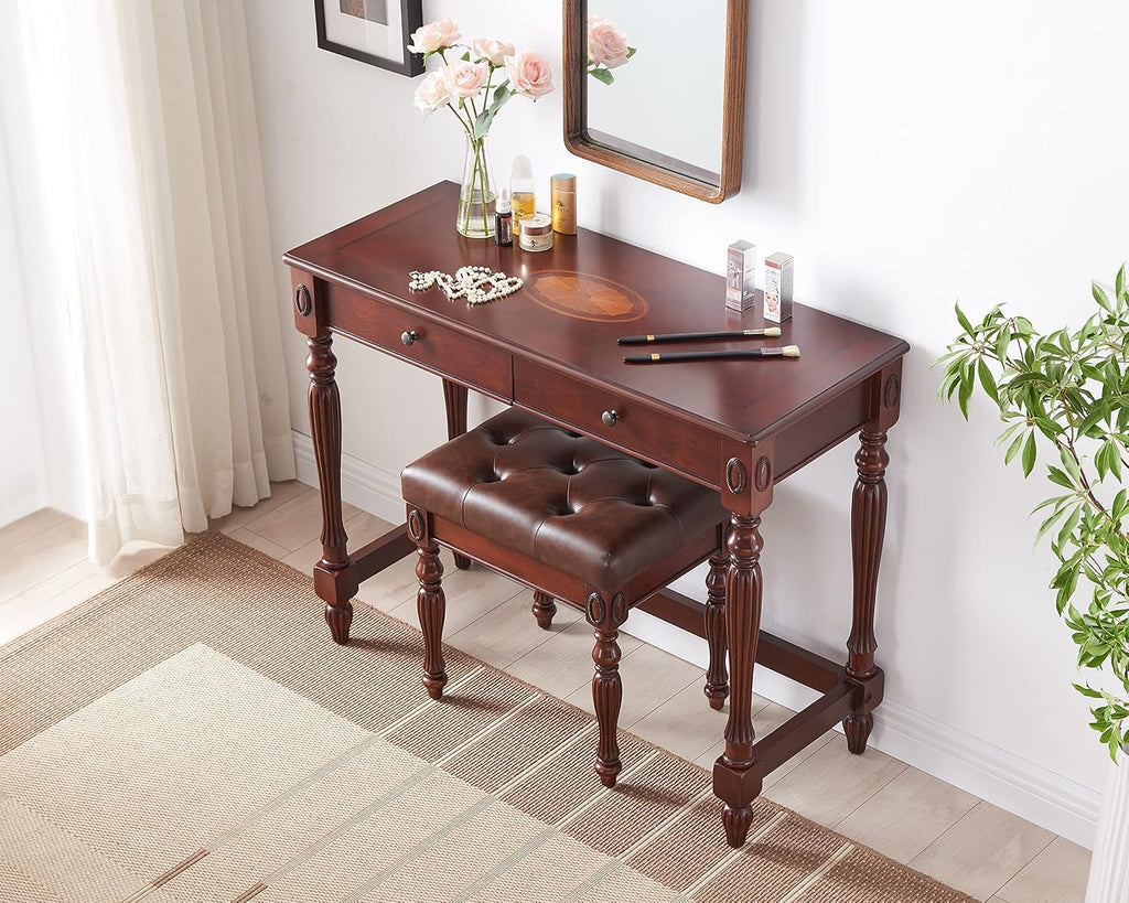 Solid Wood Vanity Bench Stool with Upholstered, Mid-Century Piano Bench with Carved Legs, Makeup Dressing Stools with Button Seat, No-Tools Assembly,18.5'L x 14.2'W x 19.1'H Brown FD-1533-BN