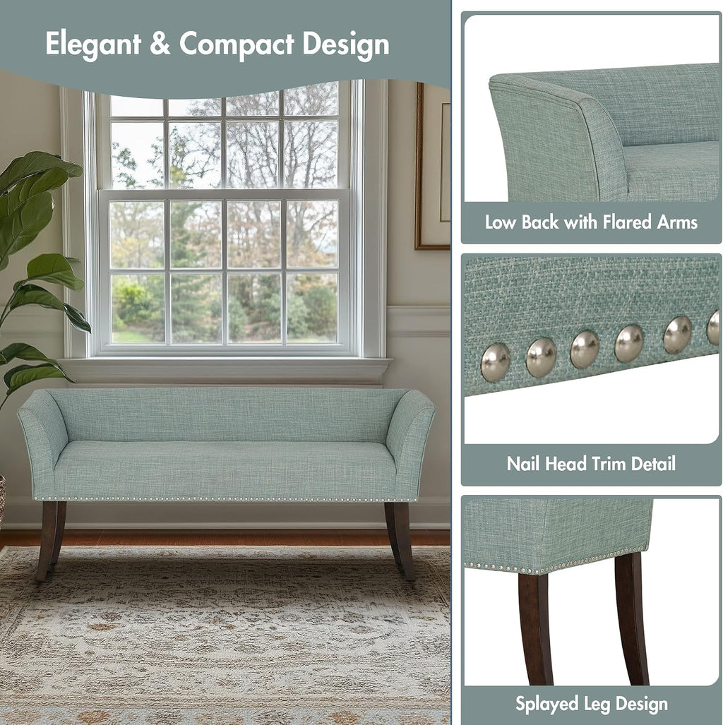 Madison Park Accent Bench for Living Room, Upholstered with Nailhead Trim, & Padded Seat Entryway Bench Small, End of Bed Bench with Back, 49.5' W x 19.25' D x 23' H, Light Blue