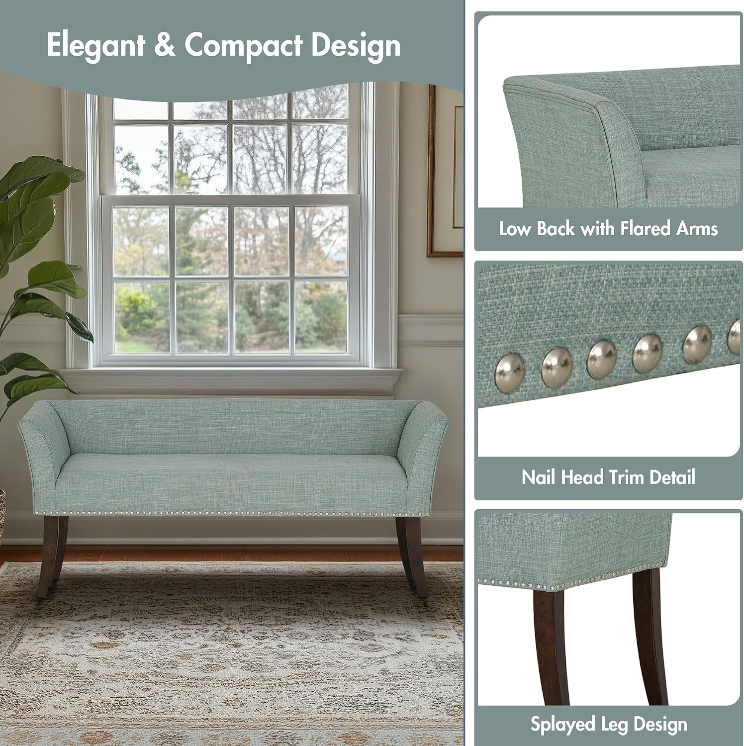 Madison Park Accent Bench for Living Room, Upholstered with Nailhead Trim, & Padded Seat Entryway Bench Small, End of Bed Bench with Back, 49.5' W x 19.25' D x 23' H, Light Blue