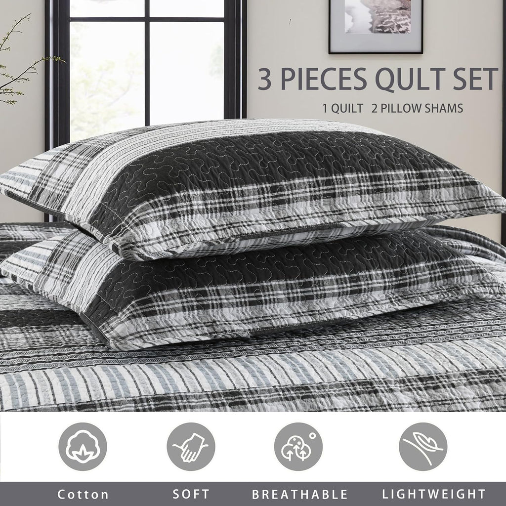 Homzard 100% Cotton Quilt Set,California King 118'' x 106'' Oversized Bedspread Set with 2 Pillow Shams, Black Plaid Striped Oversized Comforter Set, 3 Pieces Farmhouse Coverlet | Breathable