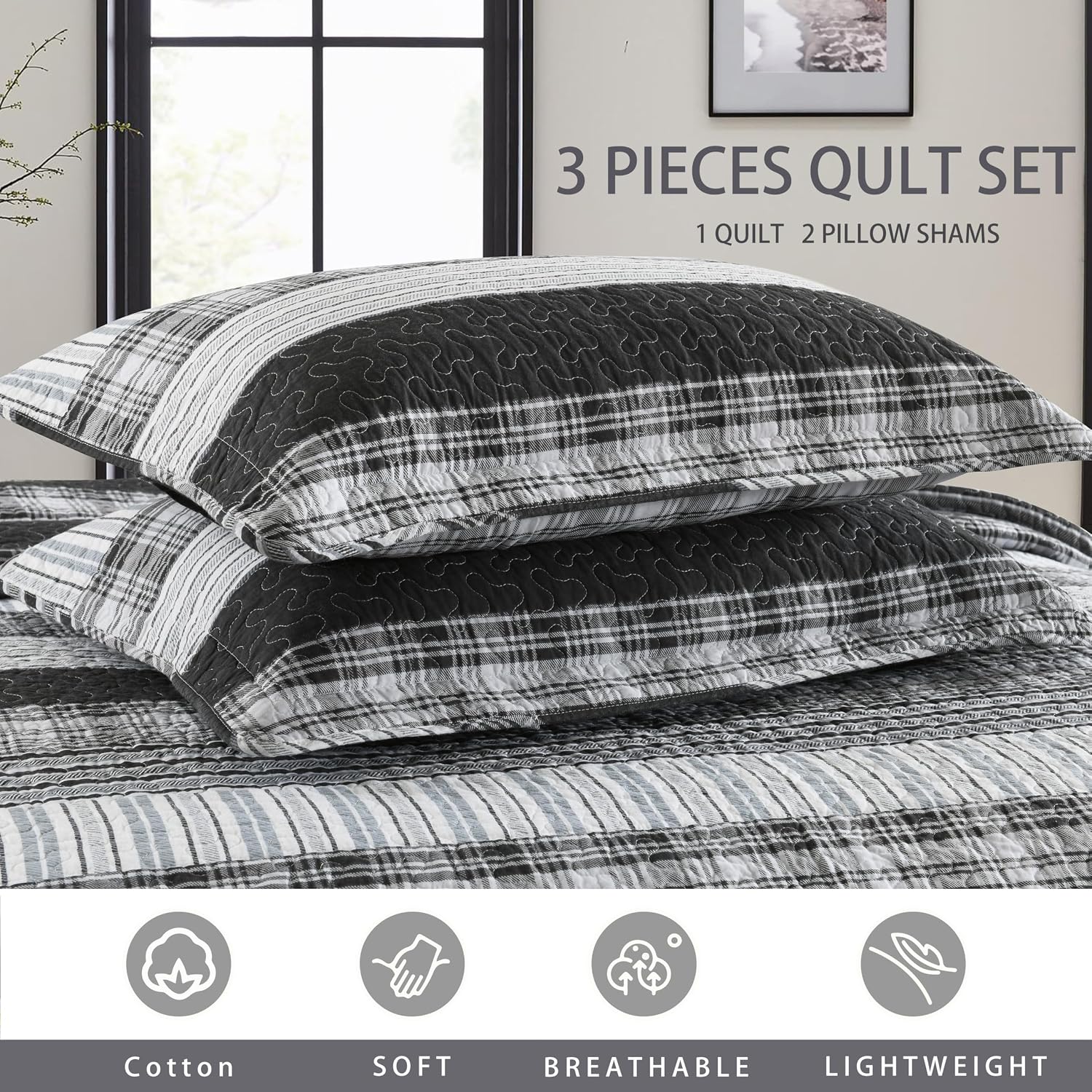 Homzard 100% Cotton Quilt Set,California King 118'' x 106'' Oversized Bedspread Set with 2 Pillow Shams, Black Plaid Striped Oversized Comforter Set, 3 Pieces Farmhouse Coverlet | Breathable
