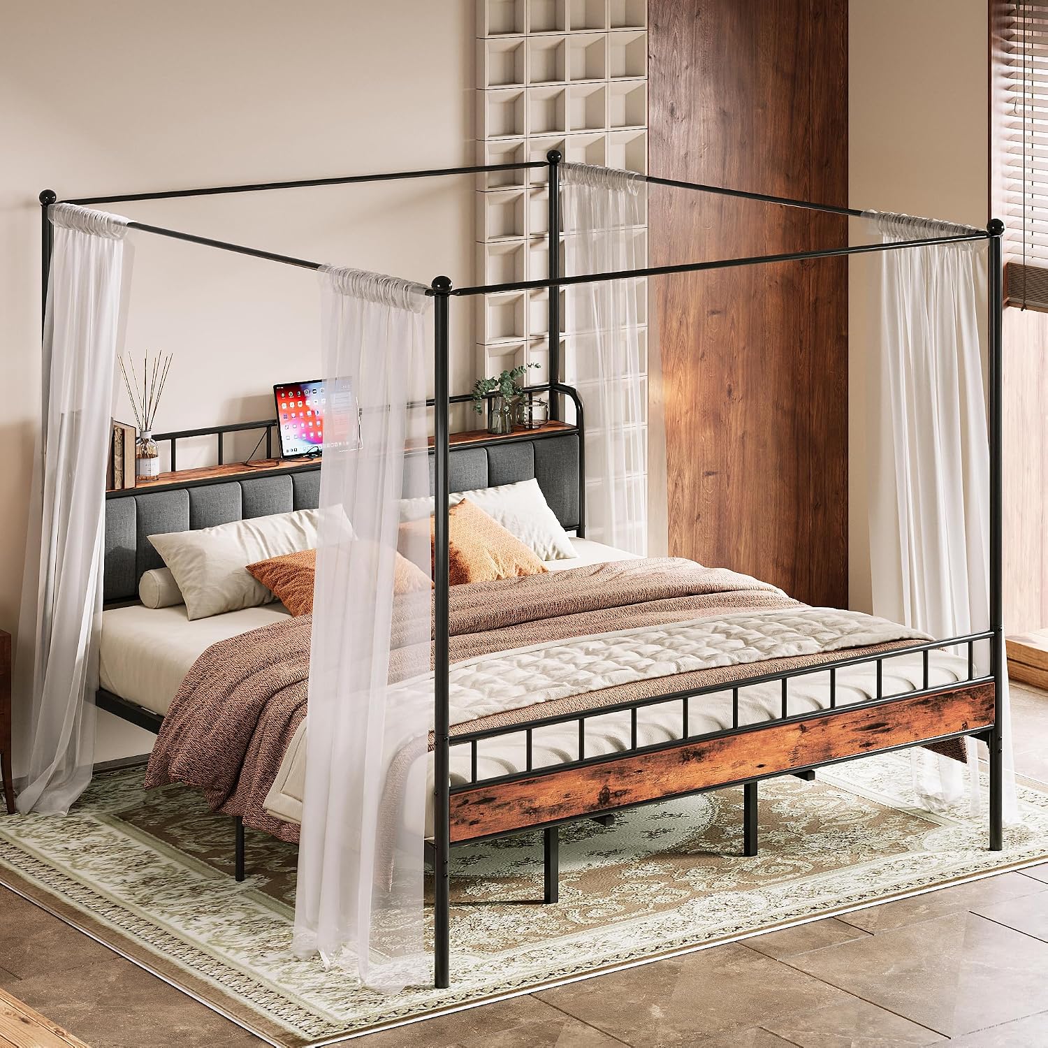 LIKIMIO Canopy Bed Frame King, Storage Headboard with Charging Station, Platform Bed with 4 Removable Sturdy Posts, Noise Free, No Box Spring Needed, Vintage Brown