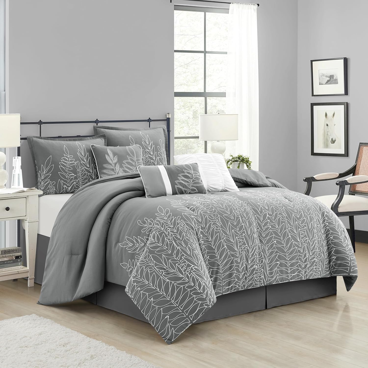 Stratford Park Grey Leaves King Bed Comforter Set, 7 Piece, Pillow Sham, Bedskirt, Decorative Pillow, Home Decor, All Season