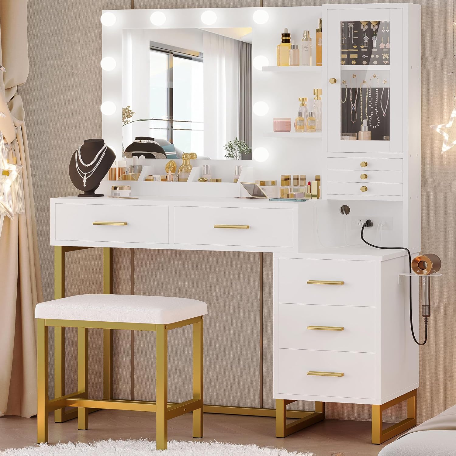 IRONCK Vanity Desk with Mirror and Lights, Makeup Vanity Table with 5 Drawers & Shelves, Power Outlet, Vanity Stool, Dressing Table with Jewelry Storage for Girls Bedroom, White & Gold
