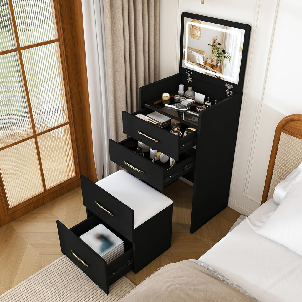 3 in 1 Vanity Desk with Plip Top Mirror and Lights,Small Make Up Vanity Set with Visible Glass Desktop,Compact Makeup Vanity with 3 Drawers,Dressing Table for Bedroom,Black