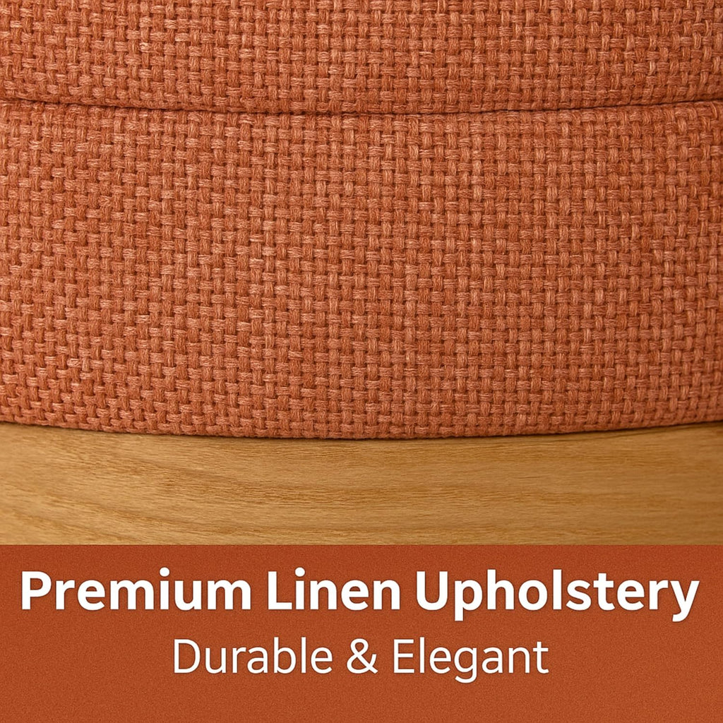 Round Ottoman with Storage – Elegant Durable Linen Upholstered Footrest Bench for Living Room, Cylinder Vanity Stool – Coral Orange