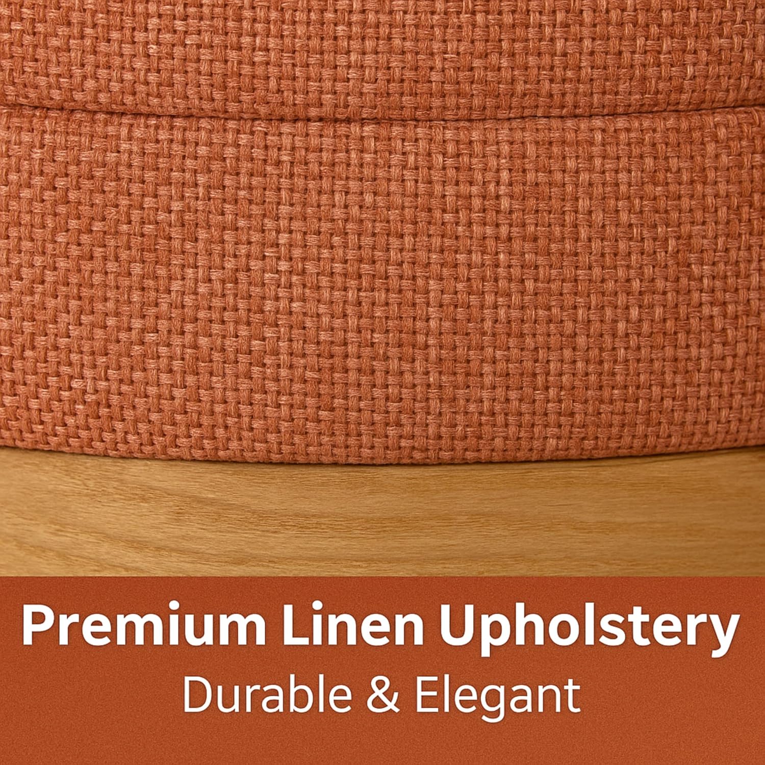 Round Ottoman with Storage – Elegant Durable Linen Upholstered Footrest Bench for Living Room, Cylinder Vanity Stool – Coral Orange