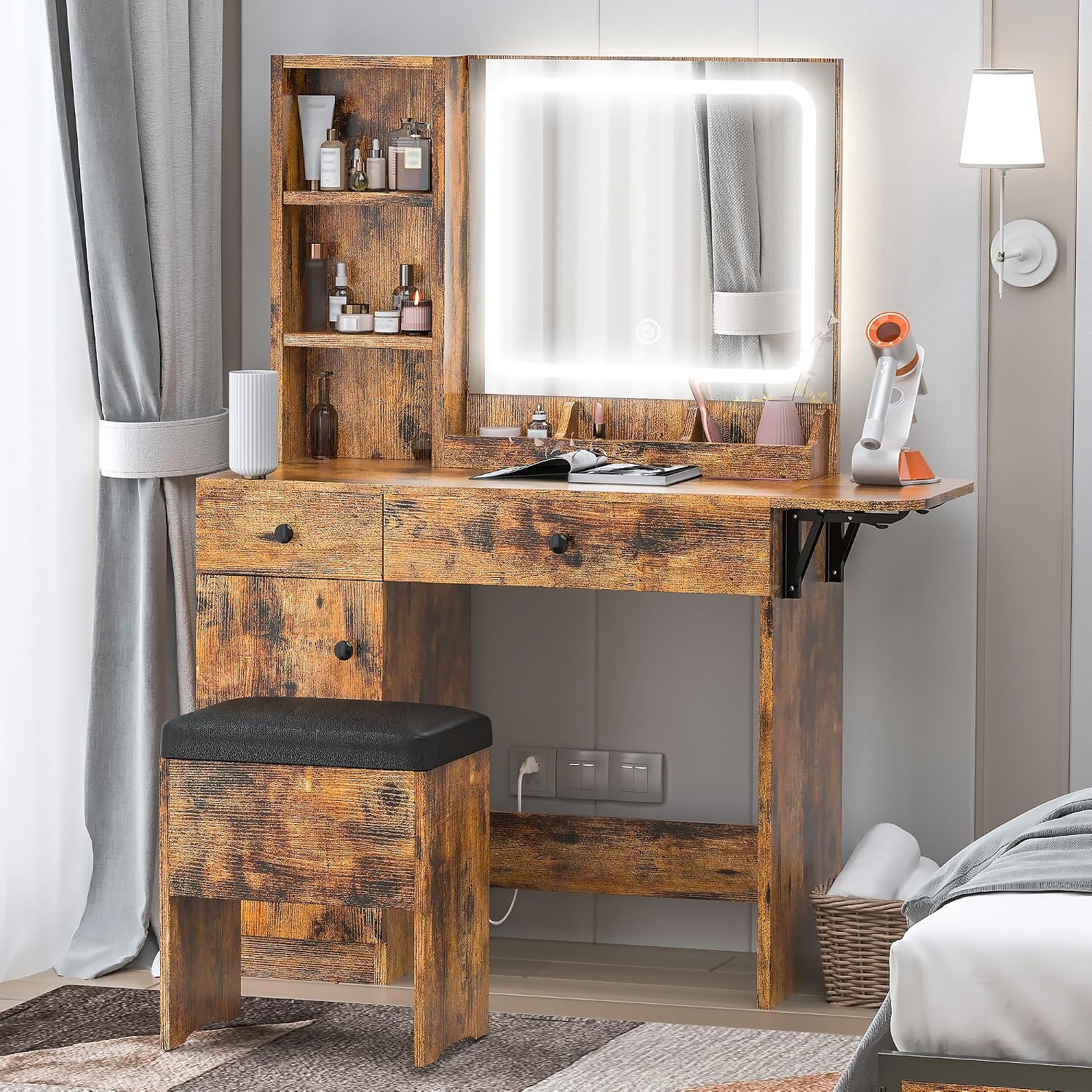 IRONCK Vanity Desk with LED Lighted Mirror & Power Outlet, Makeup Table with Drawers & Cabinet,Storage Stool,for Bedroom, Vintage Brown