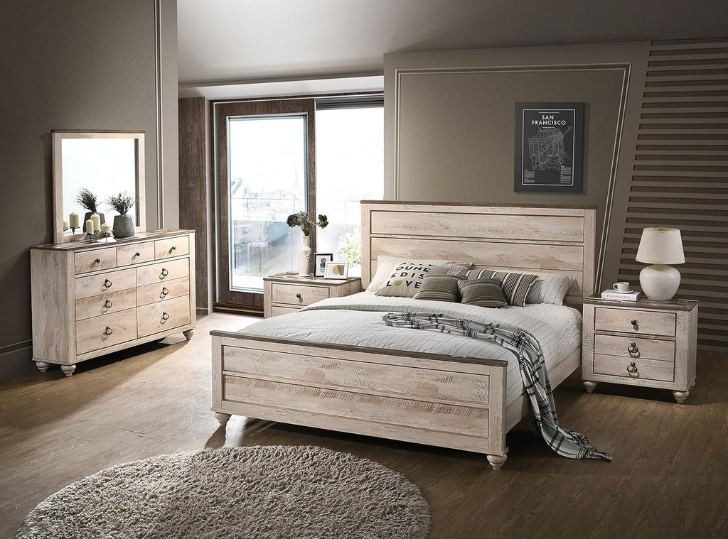 Contemporary White Wash Finish 5-Piece Bedroom Set-King Bed, Dresser, Mirror, 2 Nightstands