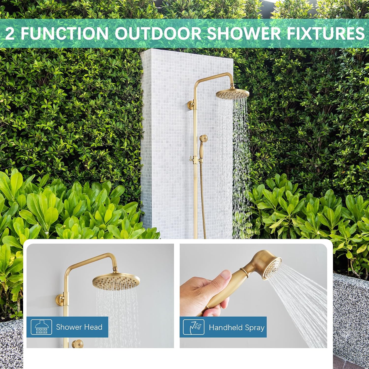 Antique Brass Shower System Bathroom Shower Faucet Set with 8 Inch Rainfall Shower Head Handheld Spray 2 Cross Handles Wall Mounted Outdoor Shower Fixtures Solid Brass