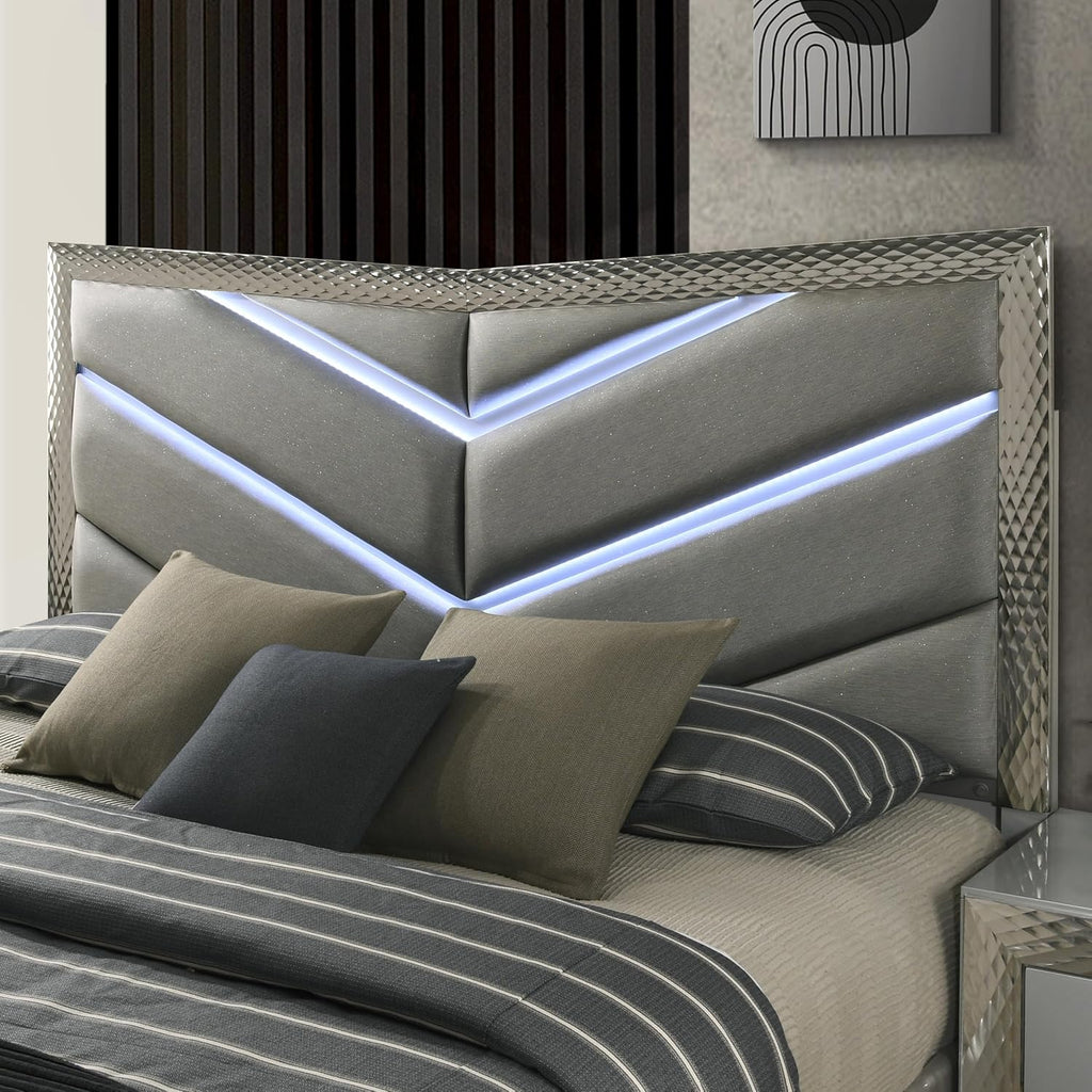 Furniture of America Racken Glam Solid Wood 5-Piece Bedroom Set with LED on Chevron Headboard, Plinth Base, Silver Molding, Metal Side Glide, Felt-Lined Top Drawer, No Box Spring Needed, King, Gray