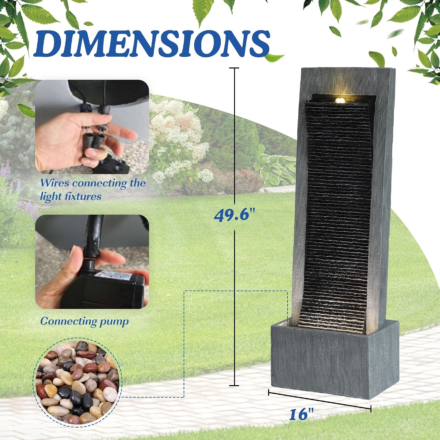 49.6' H Waterfall Fountains Outdoor Garden - Water Fountains and Waterfalls Outside, Large Indoor Floor Standing Resin Fountain Features W/Pump LED Light Cobbles for Patio, Home Art Decor