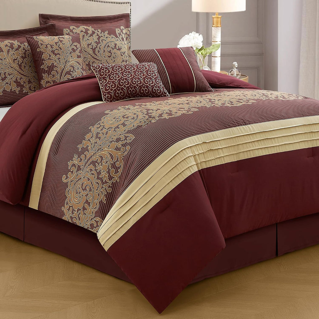 LANCO MODERN LIFESTYLE Red Gold Comforter Set, Queen, Damask Jacquard with Matching Solid Piece Work, 7 Piece Soft Bedding Set for All Season, Bed Skirt, Pillow Shams and Decorative Pillows