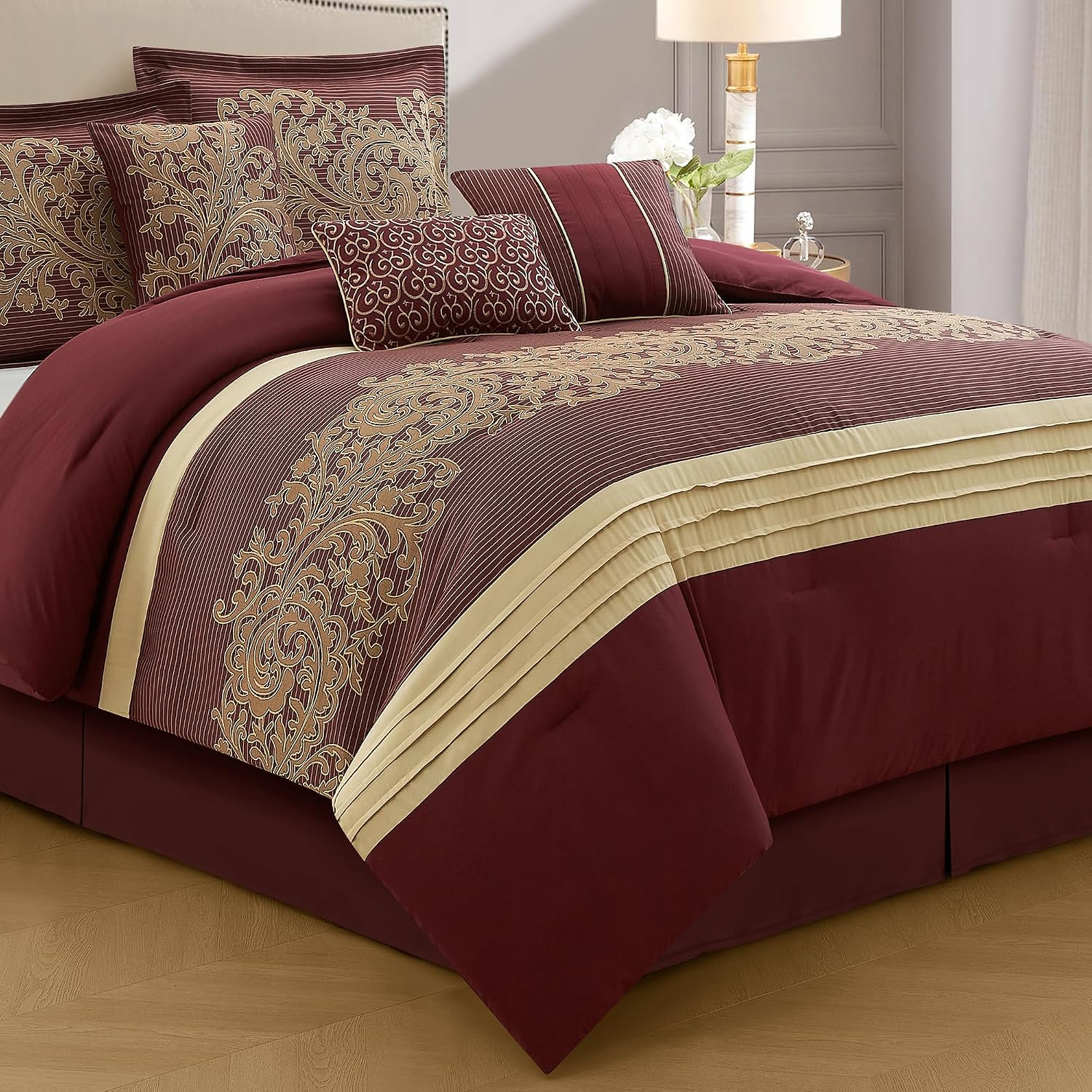 LANCO MODERN LIFESTYLE Red Gold Comforter Set, Queen, Damask Jacquard with Matching Solid Piece Work, 7 Piece Soft Bedding Set for All Season, Bed Skirt, Pillow Shams and Decorative Pillows