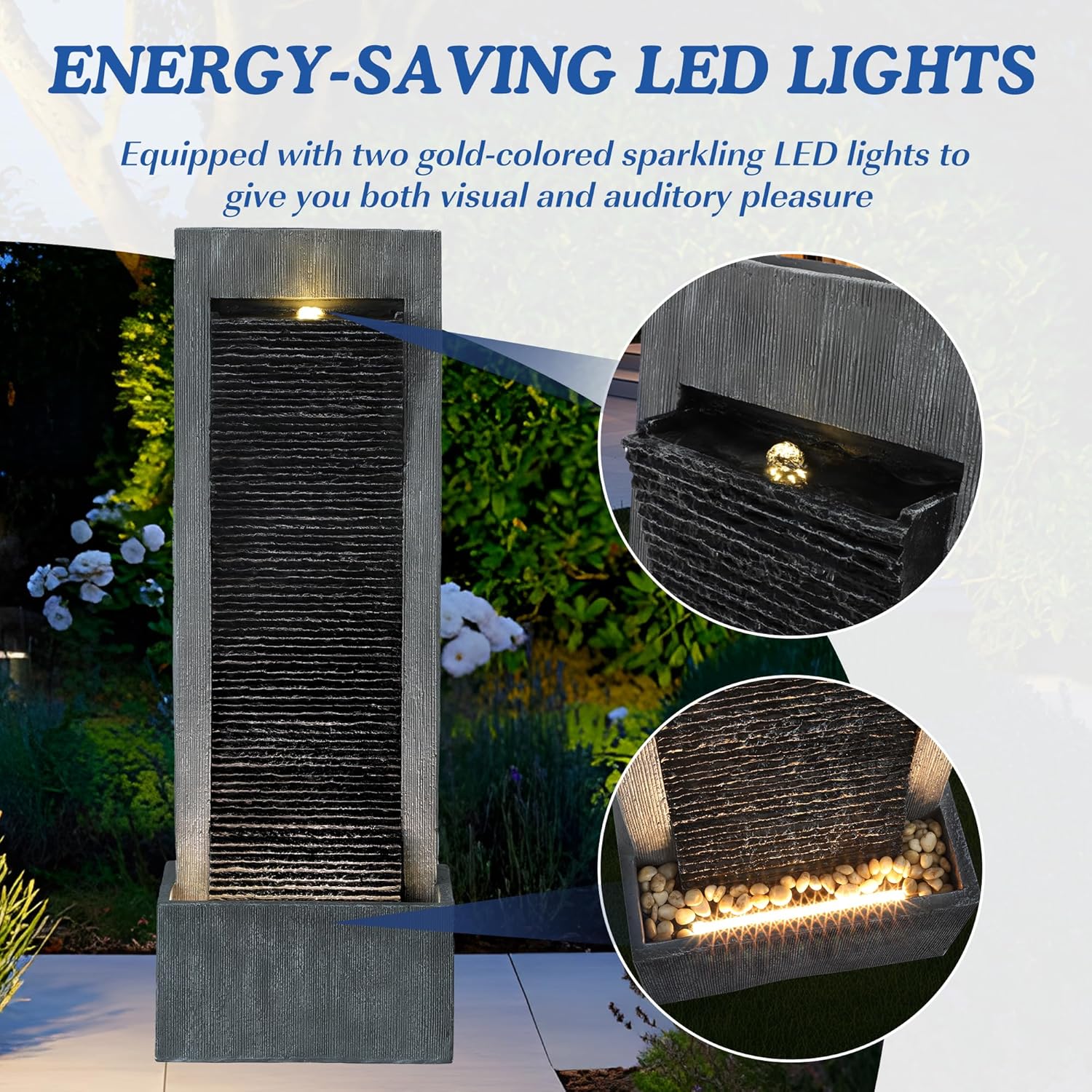49.6' H Waterfall Fountains Outdoor Garden - Water Fountains and Waterfalls Outside, Large Indoor Floor Standing Resin Fountain Features W/Pump LED Light Cobbles for Patio, Home Art Decor