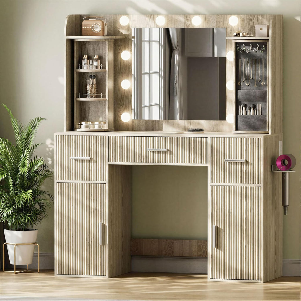 EasyCom Makeup Vanity Desk with Mirror and Lights, Vanity with Rotating Jewelry Organizers, Dressing Table with USB-C Charging Station, 3 Drawers and 2 Cabinets for Bedroom, Dressing Room, Natural Oak