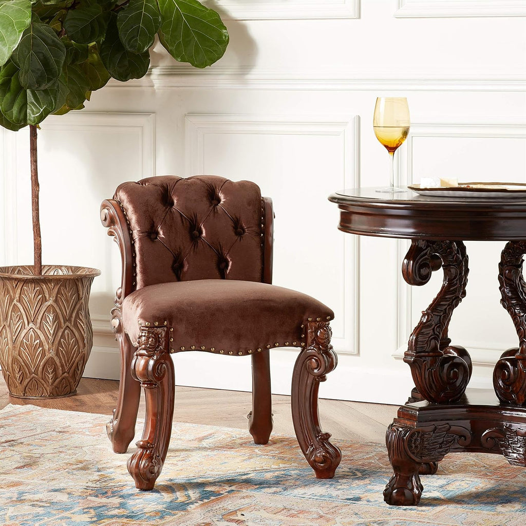 BOWERY HILL Vanity Stool, Cherry Finish, 27.56' H x 28.74' W x 20.08' D, Padded Seat and Backrest Cushion, Fabric Upholstery, Poplar and Aspen Wood, Elegant Baroque Style Vanity Bench for Bedroom or