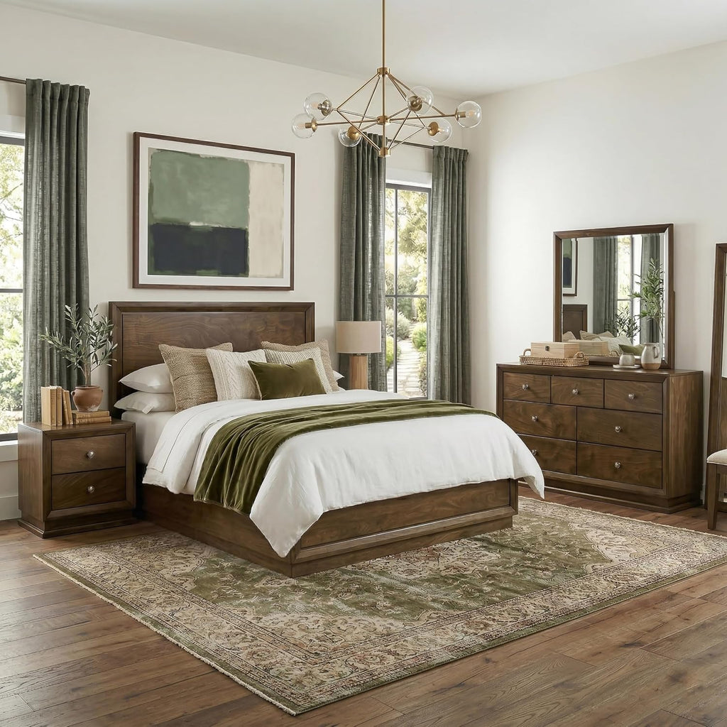 Furniture of America Extan Modern Solid Wood 5-Piece Bedroom Set with Beveled Corner, Metal Center Glide, Zinc Iron Bronze Knobs, Box Spring Needed, King, Walnut