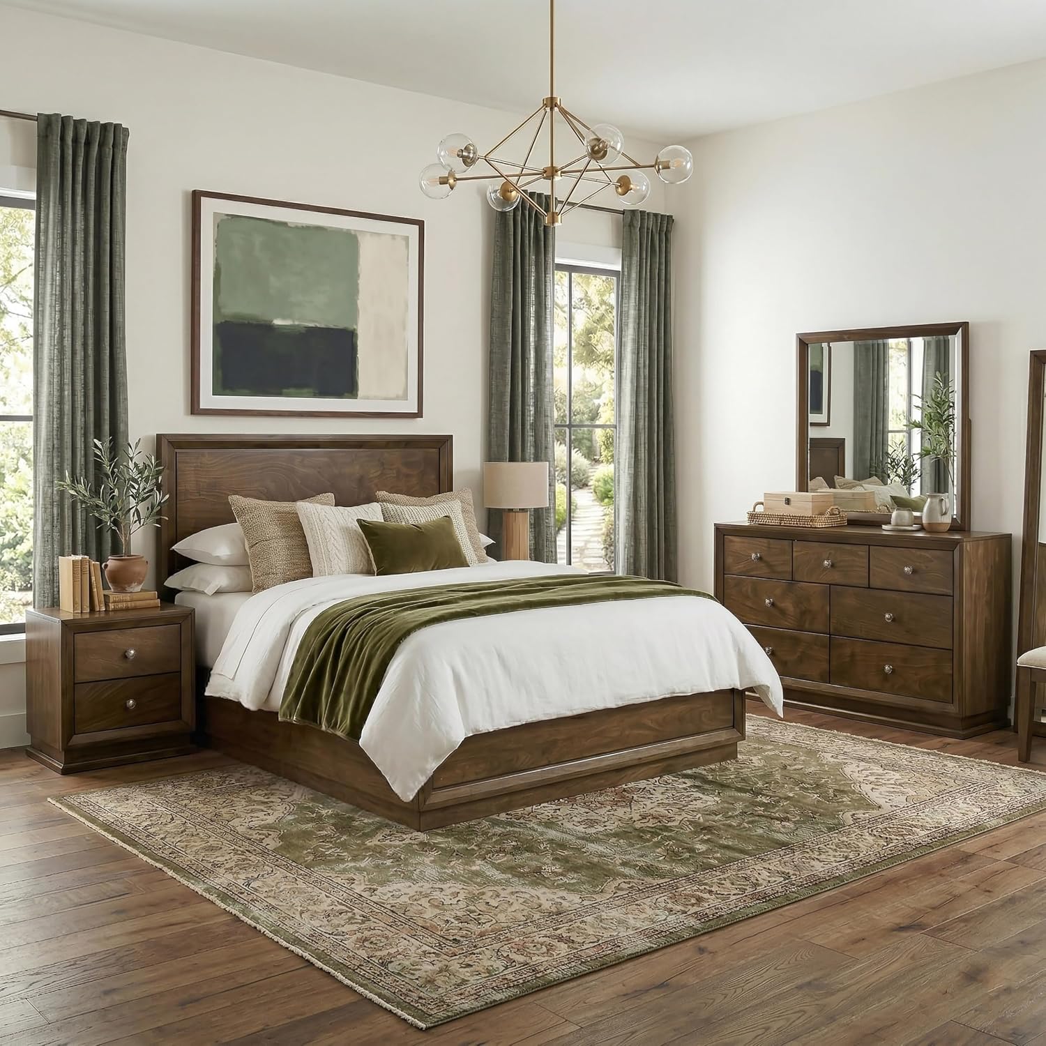 Furniture of America Extan Modern Solid Wood 5-Piece Bedroom Set with Beveled Corner, Metal Center Glide, Zinc Iron Bronze Knobs, Box Spring Needed, King, Walnut