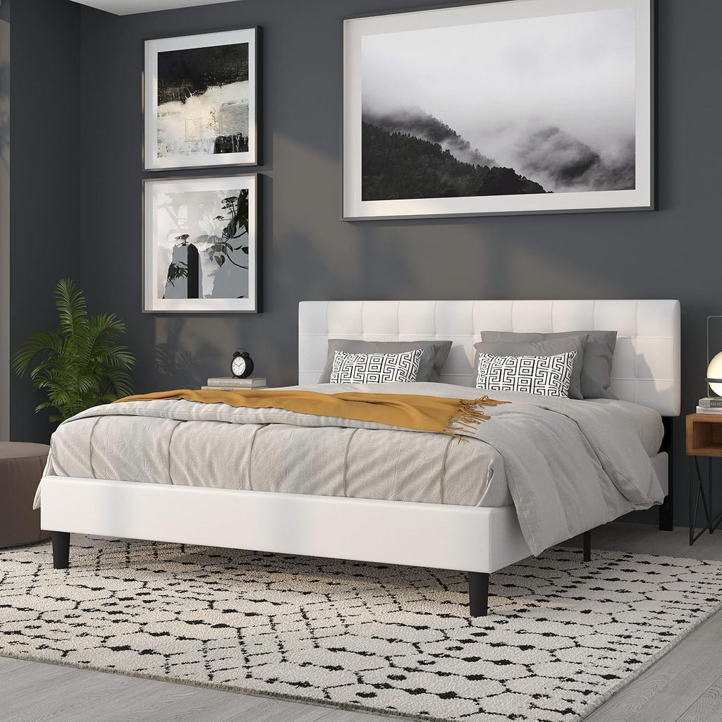 Flash Furniture Bedford Box Stitch Tufted Upholstered King Size Headboard in White Fabric