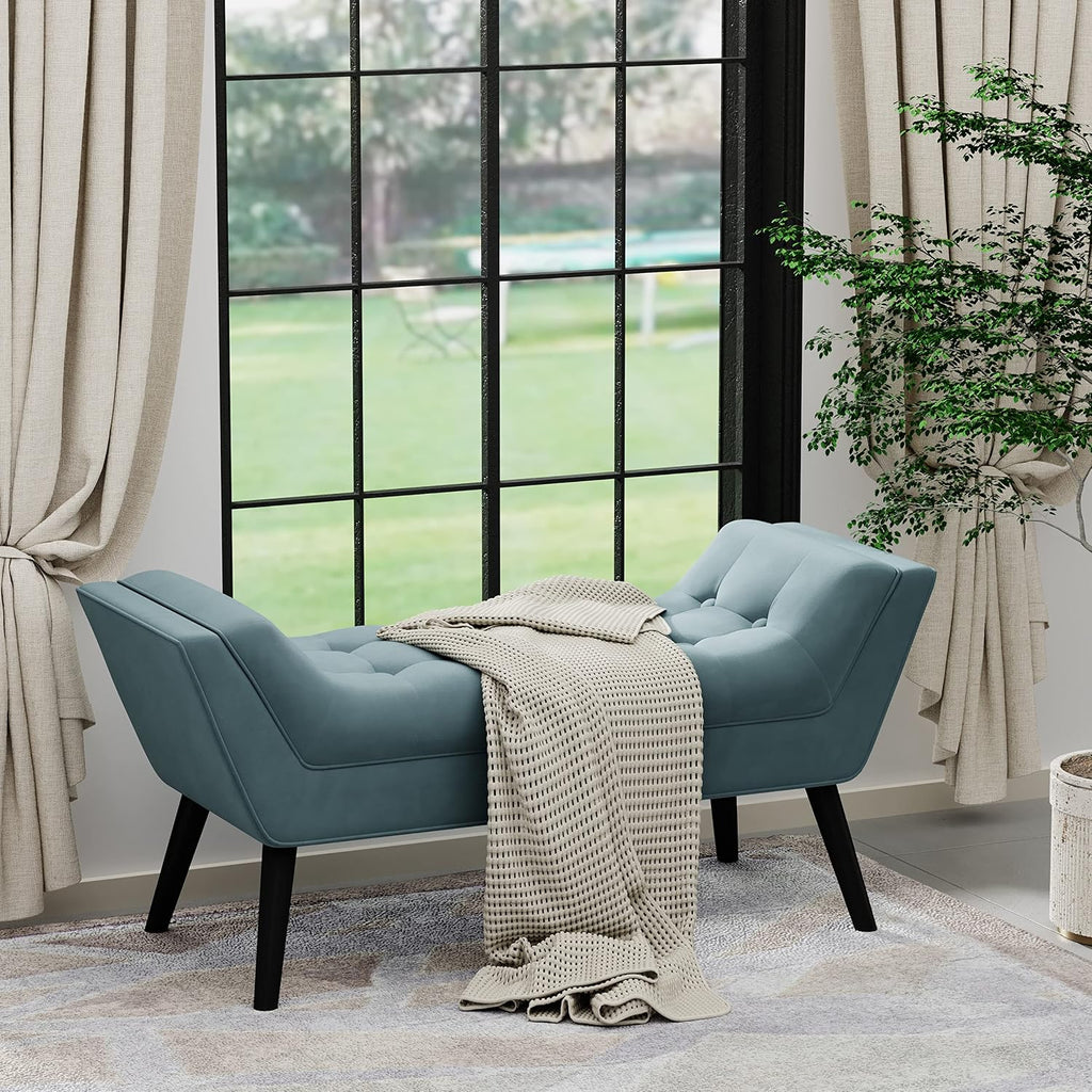 Andeworld Velvet Bed Bench,Upholstered Entryway Ottoman Bench Seat for Bedroom End of Bed,Footstools for Bed Room,Lake Blue