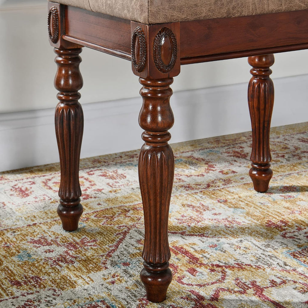 Vanity Bench Stool with Padded Cushion, Piano Bench with Solid Wood Carving Legs, Home Chairs Button Breathing Leather Upholstered Seat, 18.5' x 14.2' x 19.1' Easy Assembly, Yellowish Brown FD1533LT